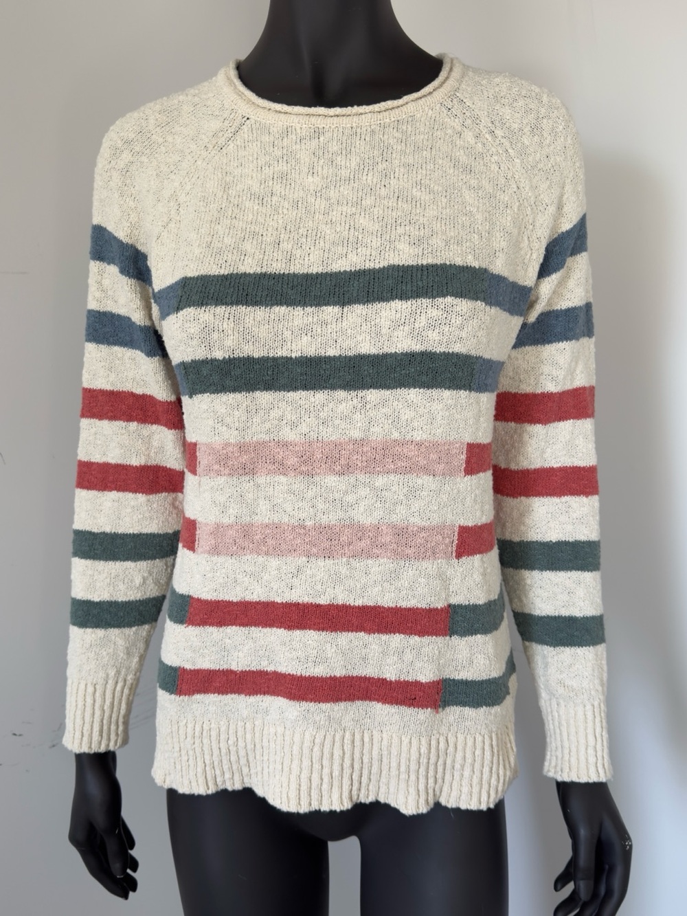 318. LL Bean Striped Cotton Crewneck Sweater in Cream, Blue, Green & Red
